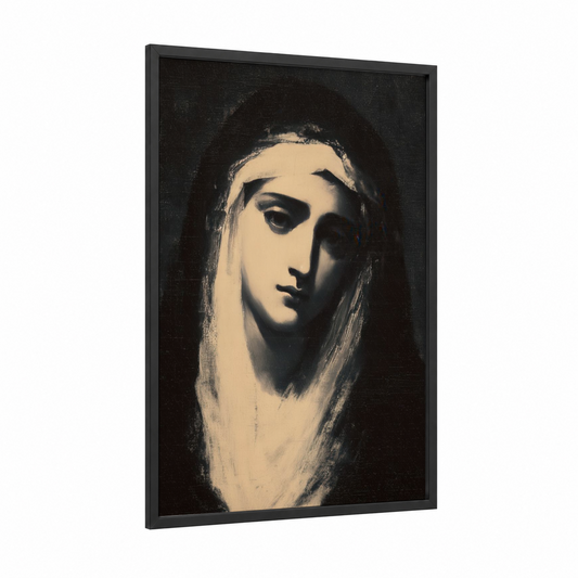 Serene Virgin Mary framed art print — black wood frame — cream and black and white palette