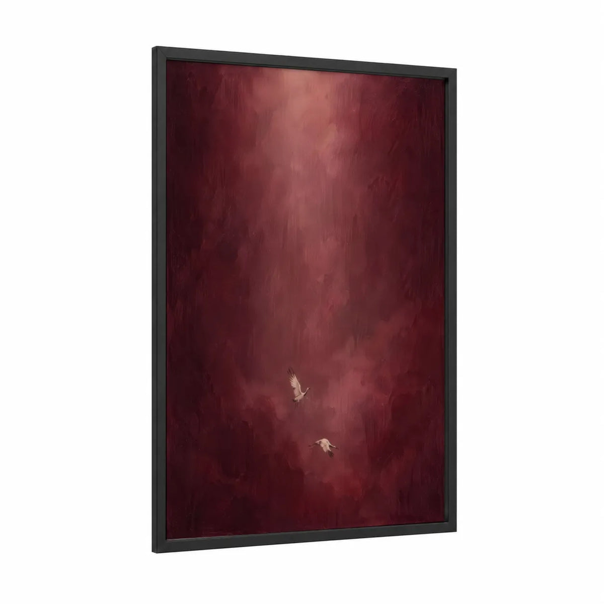 Ethereal Forest Cranes Wall Art framed art print — black wood frame — maroon and rose gold palette