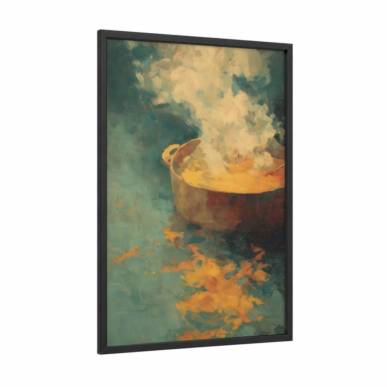 Steaming Cheese Pot framed art print — black wood frame — gold and teal palette