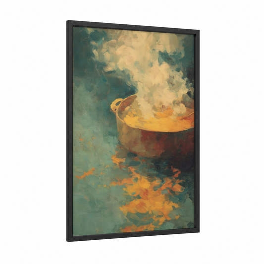 Steaming Cheese Pot framed art print — black wood frame — gold and teal palette