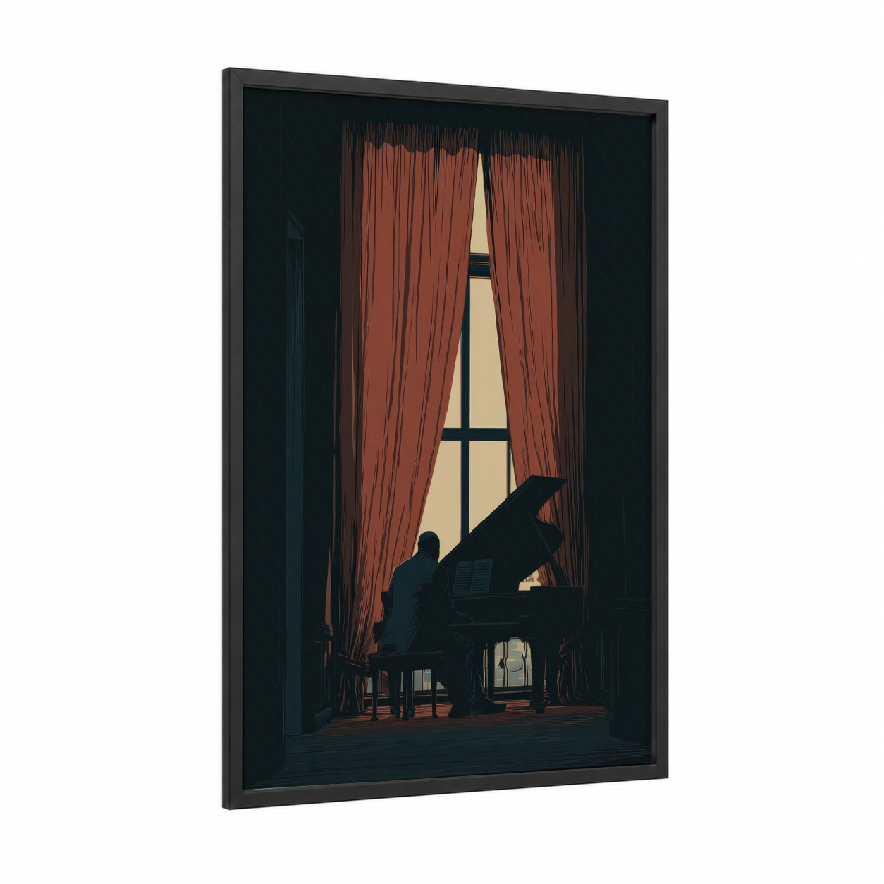 Pianist at Window framed musician print — black wood frame — red and black and white palette