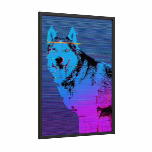 Neon Husky framed art print — black wood frame — blue and magenta palette