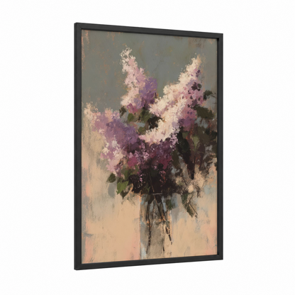 Soft Lilac Bouquet framed art print — black wood frame — pink and gray palette