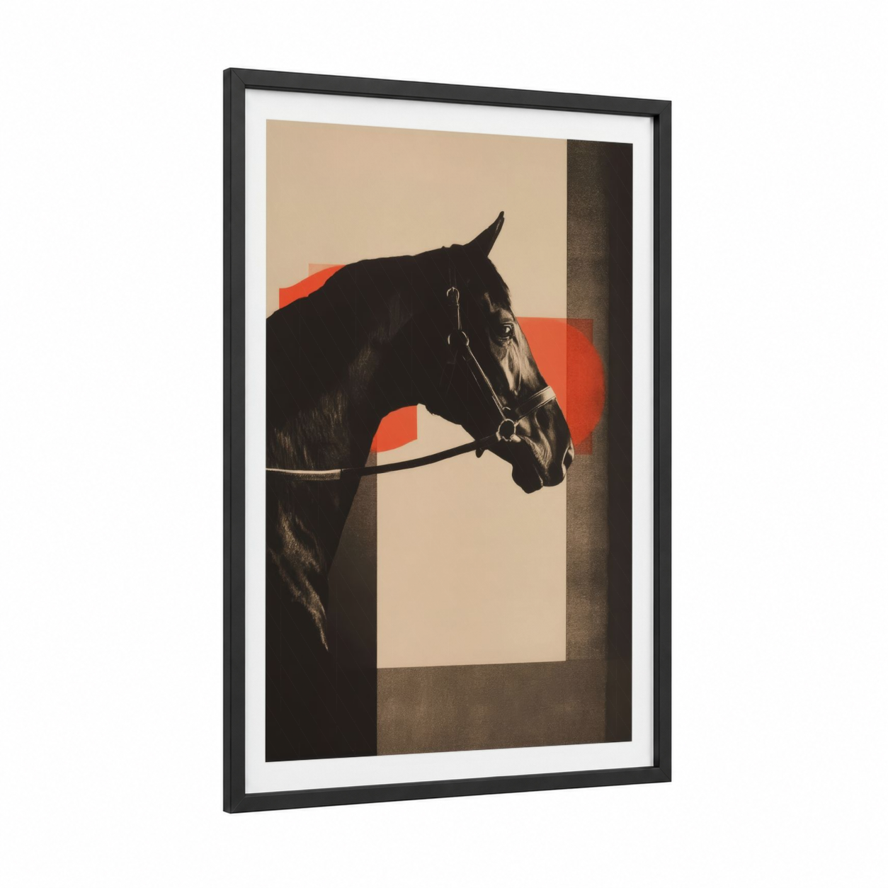 Stable Silhouette framed thoroughbred horse print — black wood frame — beige and orange palette