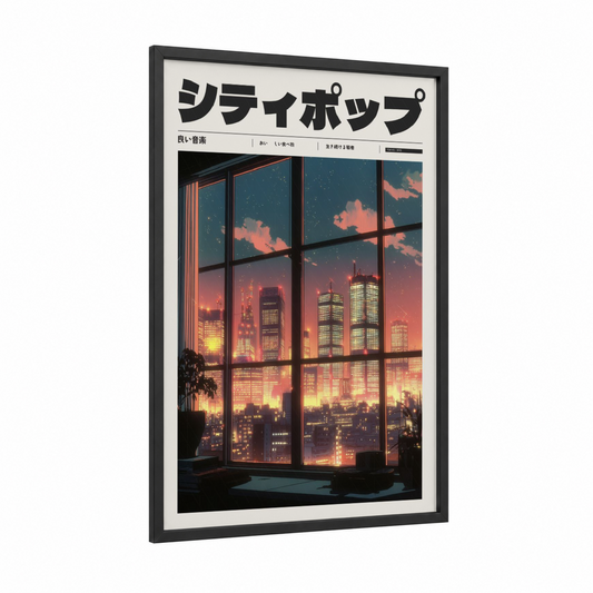 Neon Cityscape Window framed anime and manga print — black wood frame — gold and dark blue palette