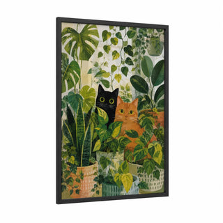 Cats Among Houseplants Wall Art framed art print — black wood frame — green and lime green palette