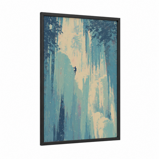 Solitary Ascent framed ice climbing print — black wood frame — teal and cream palette