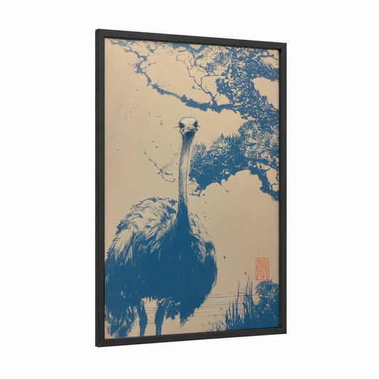 Tall Ostrich framed art print — black wood frame — blue and cream palette