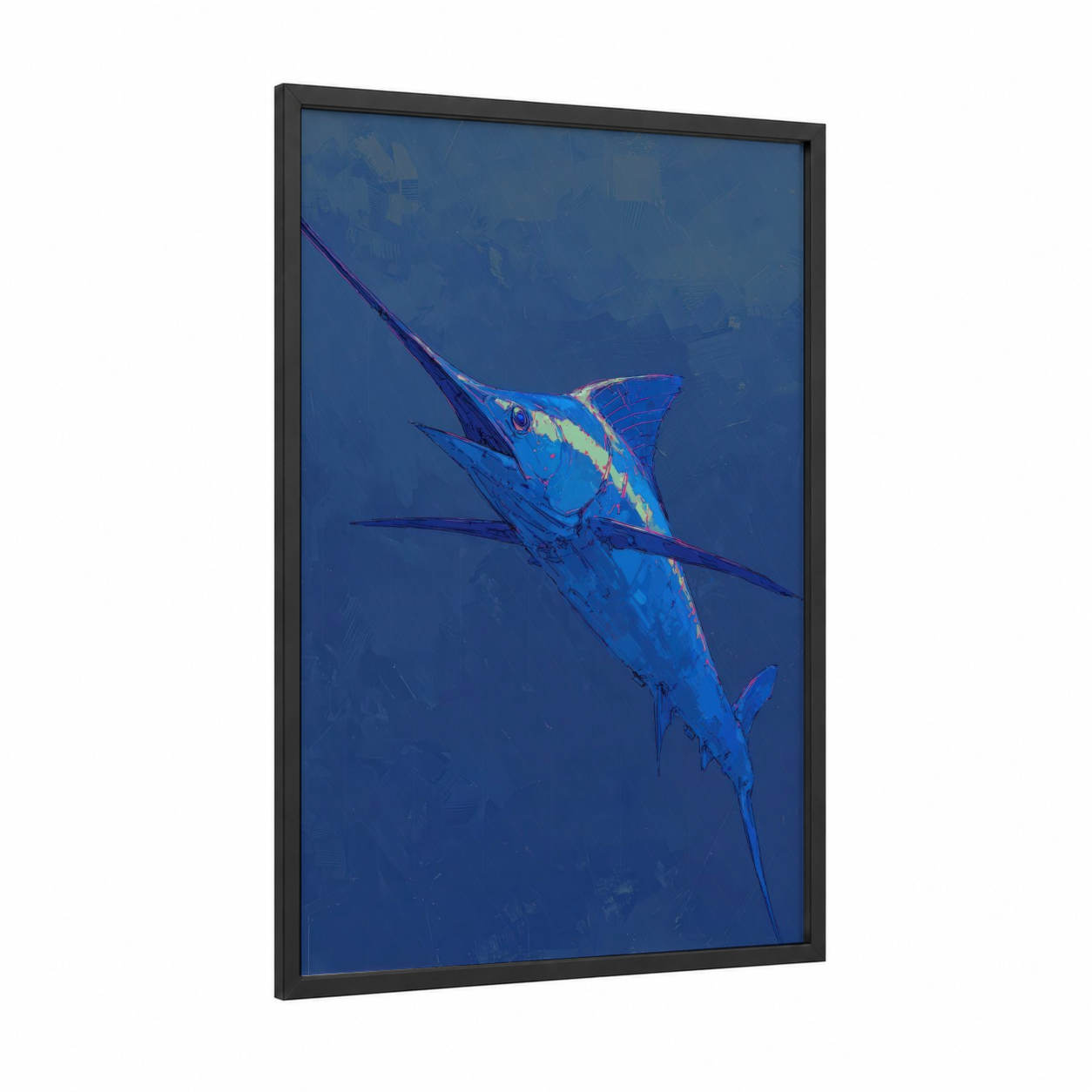 Azure Marlin framed blue marlin print — black wood frame — blue and gold palette