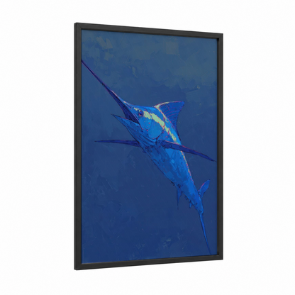 Azure Marlin framed blue marlin print — black wood frame — blue and gold palette
