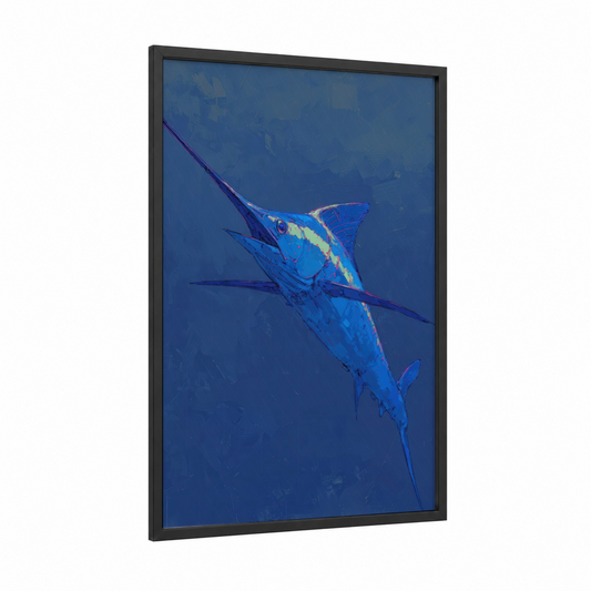 Azure Marlin framed blue marlin print — black wood frame — blue and gold palette