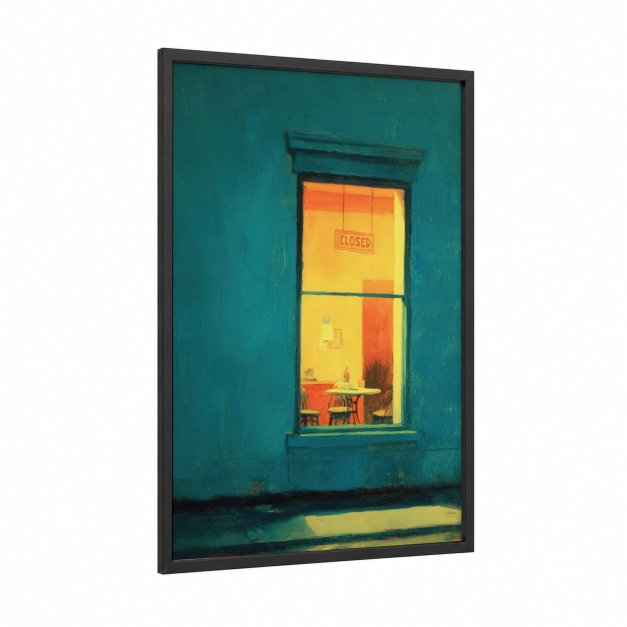 Closed Storefront Window framed art print — black wood frame — teal and yellow gold palette