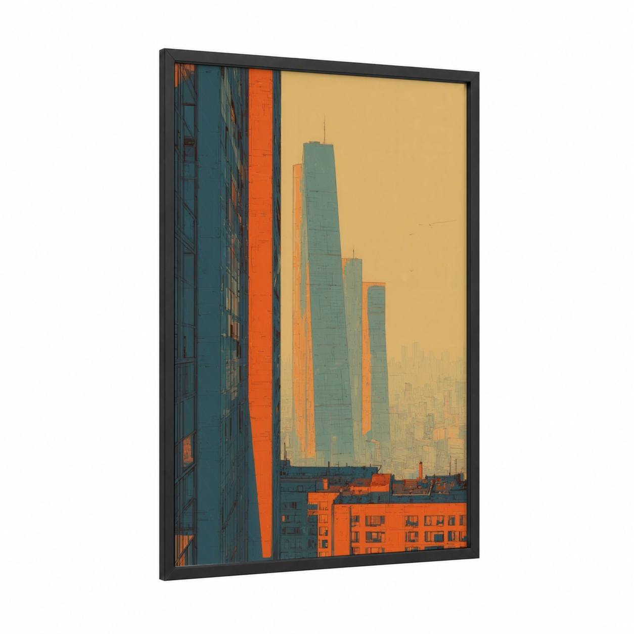 Golden Sunrise Cityscape framed art print — black wood frame — gold and teal palette