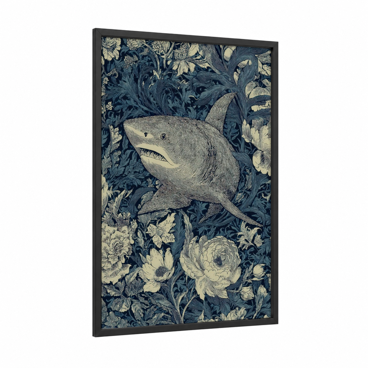 Ornate Bull Shark framed art print — black wood frame — blue and white and cream palette