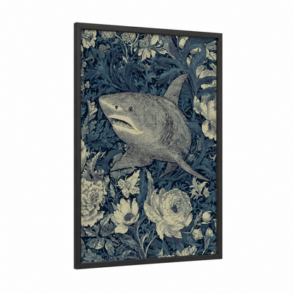 Ornate Bull Shark framed art print — black wood frame — blue and white and cream palette
