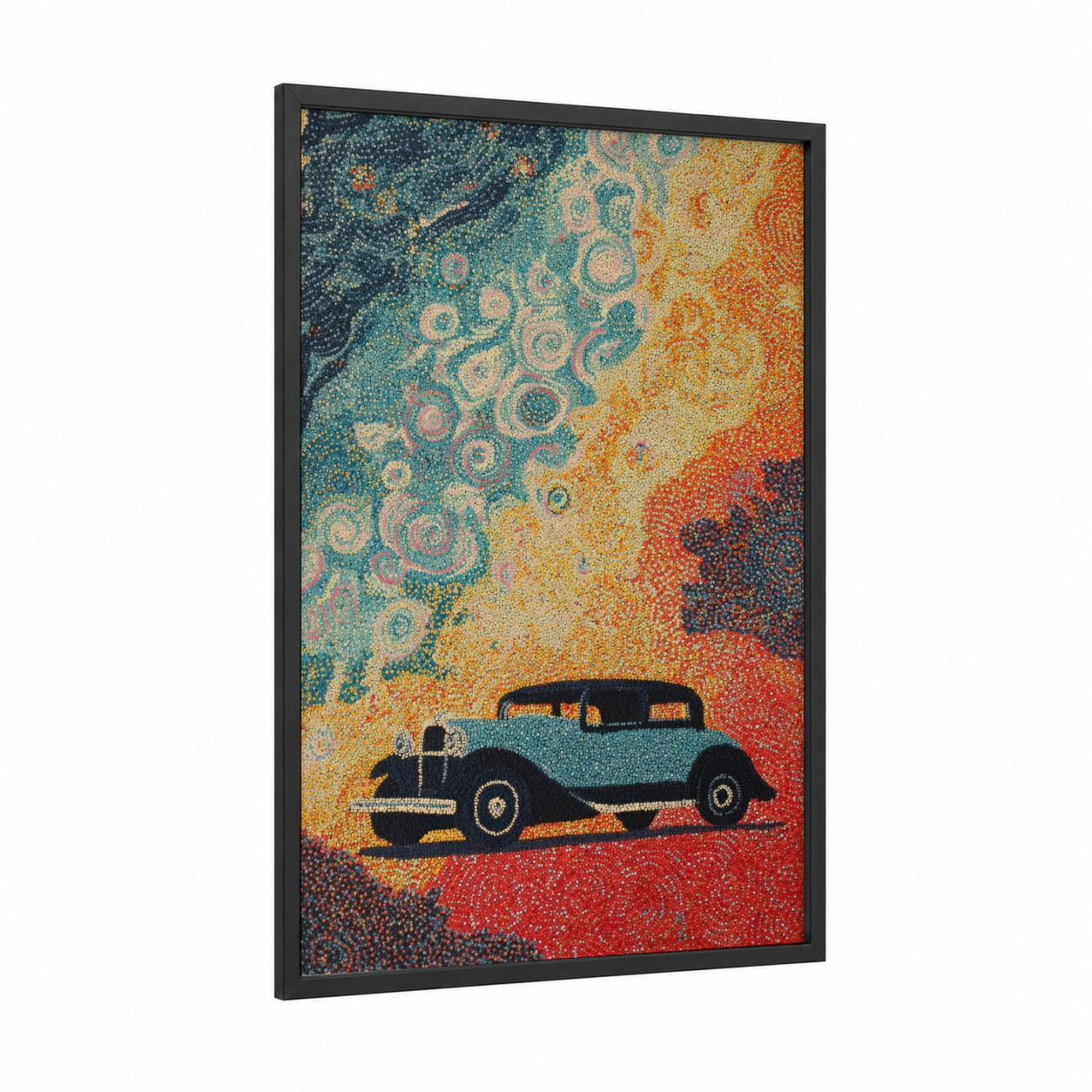 Vintage Cruiser framed classic car print — black wood frame — teal and red palette