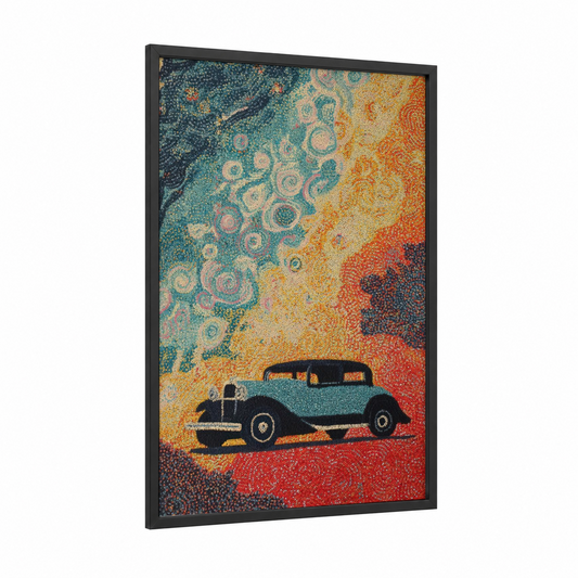 Vintage Cruiser framed classic car print — black wood frame — teal and red palette