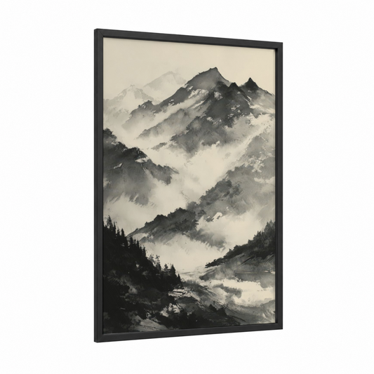 Misty Everest framed mount everest print — black wood frame — black and white and gray palette