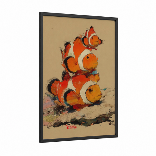 Clownfish Stack framed clown fish print — black wood frame — orange and white palette