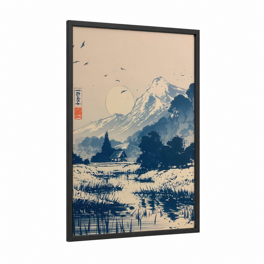 Mountain Valley Dawn framed various landscapes print — black wood frame — cream and dark blue palette