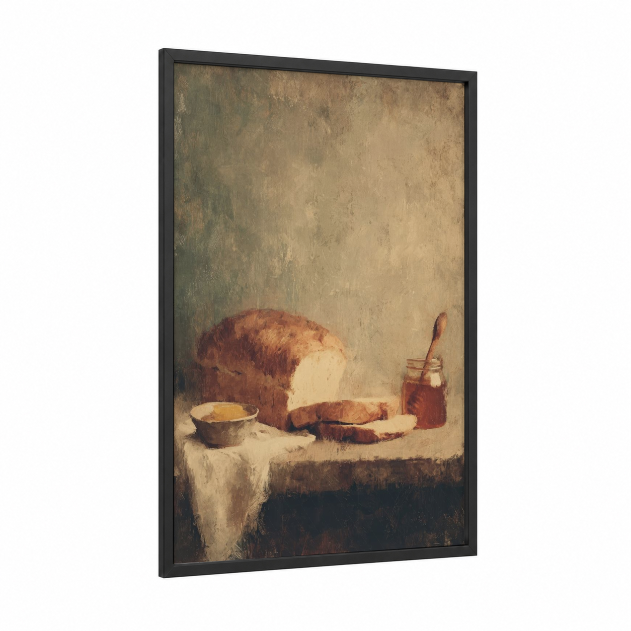 Rustic Breakfast Still Life framed art print — black wood frame — brown and cream palette