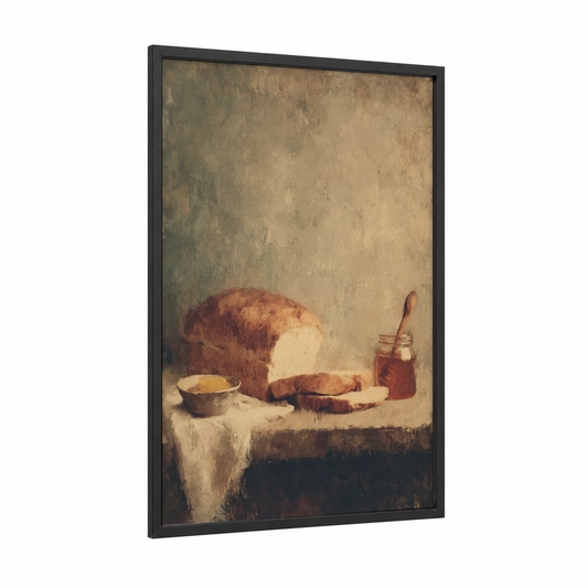 Rustic Breakfast Still Life framed art print — black wood frame — brown and cream palette