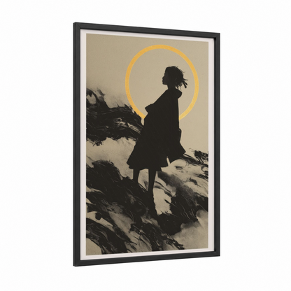 Contemplative Figure framed abstract classic print — black wood frame — black and white and gold palette