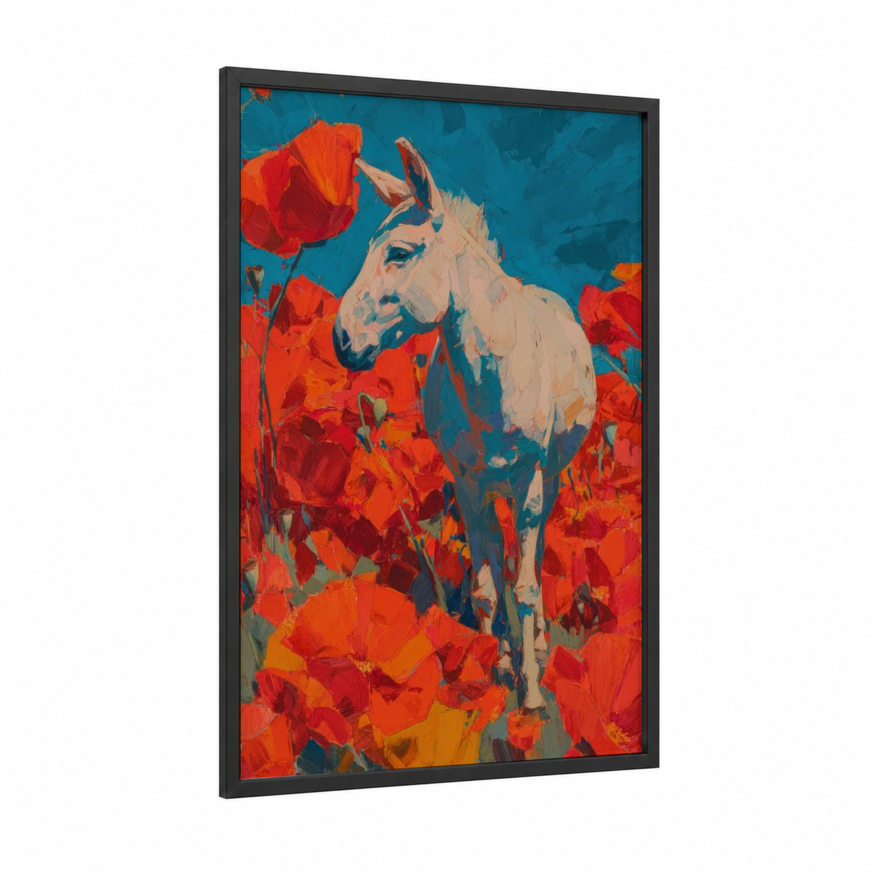 Poppy Mule framed art print — black wood frame — red and teal palette