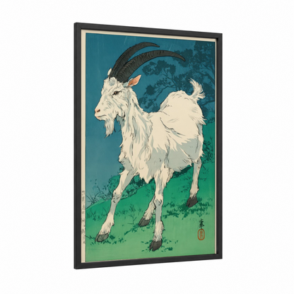 Alpine Goat framed art print — black wood frame — teal and light green palette