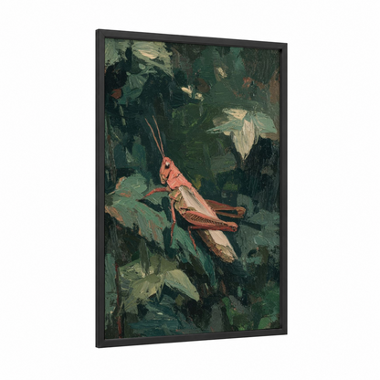 Crimson Grasshopper framed art print — black wood frame — dark green and red palette