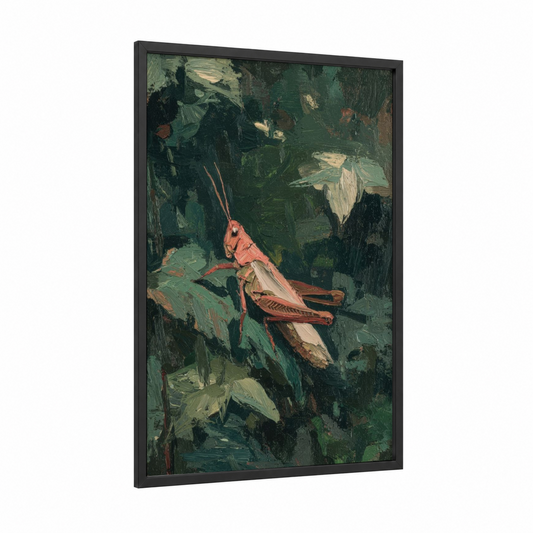 Crimson Grasshopper framed art print — black wood frame — dark green and red palette
