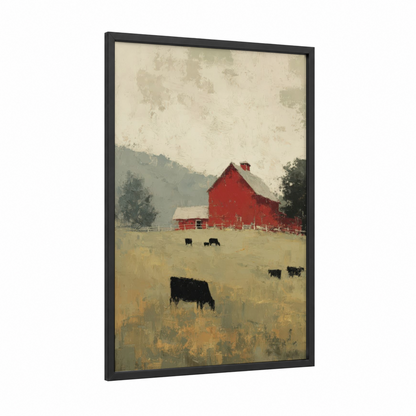 Red Barn Pastoral framed farm print — black wood frame — beige and red palette