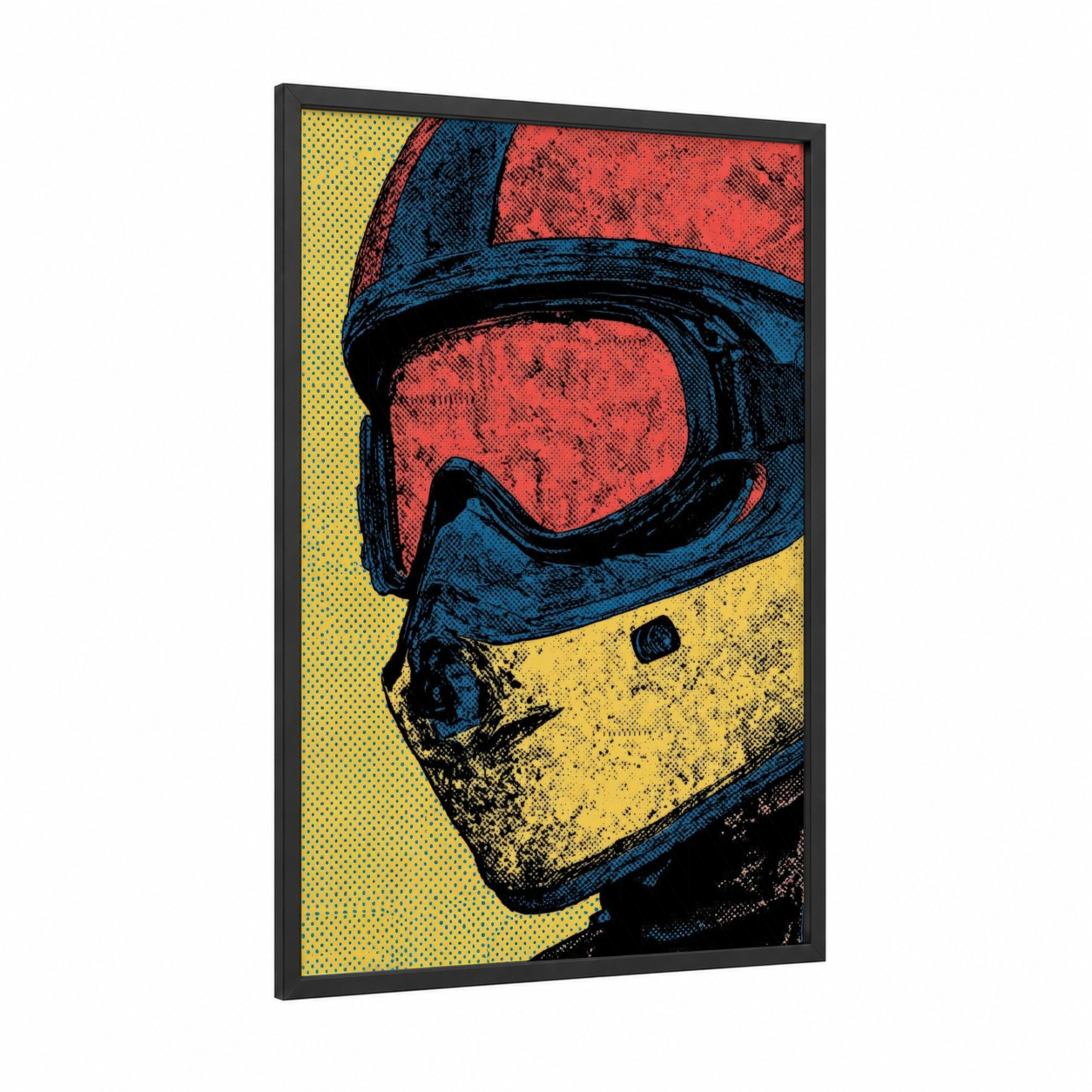 Retro Rider Portrait framed vintage motorcycle print — black wood frame — red and blue palette