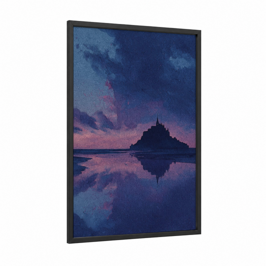 Twilight Mont-Saint-Michel framed mont saint-michel print — black wood frame — dark blue and purple palette