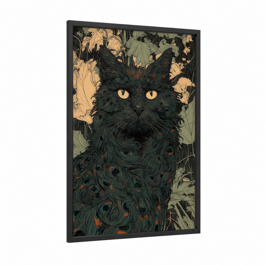 Golden-Eyed Autumn framed cat print — black wood frame — black and cream palette