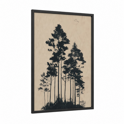 Towering Pine Forest framed forest trees print — black wood frame — black and cream palette