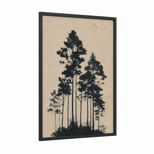 Towering Pine Forest framed forest trees print — black wood frame — black and cream palette