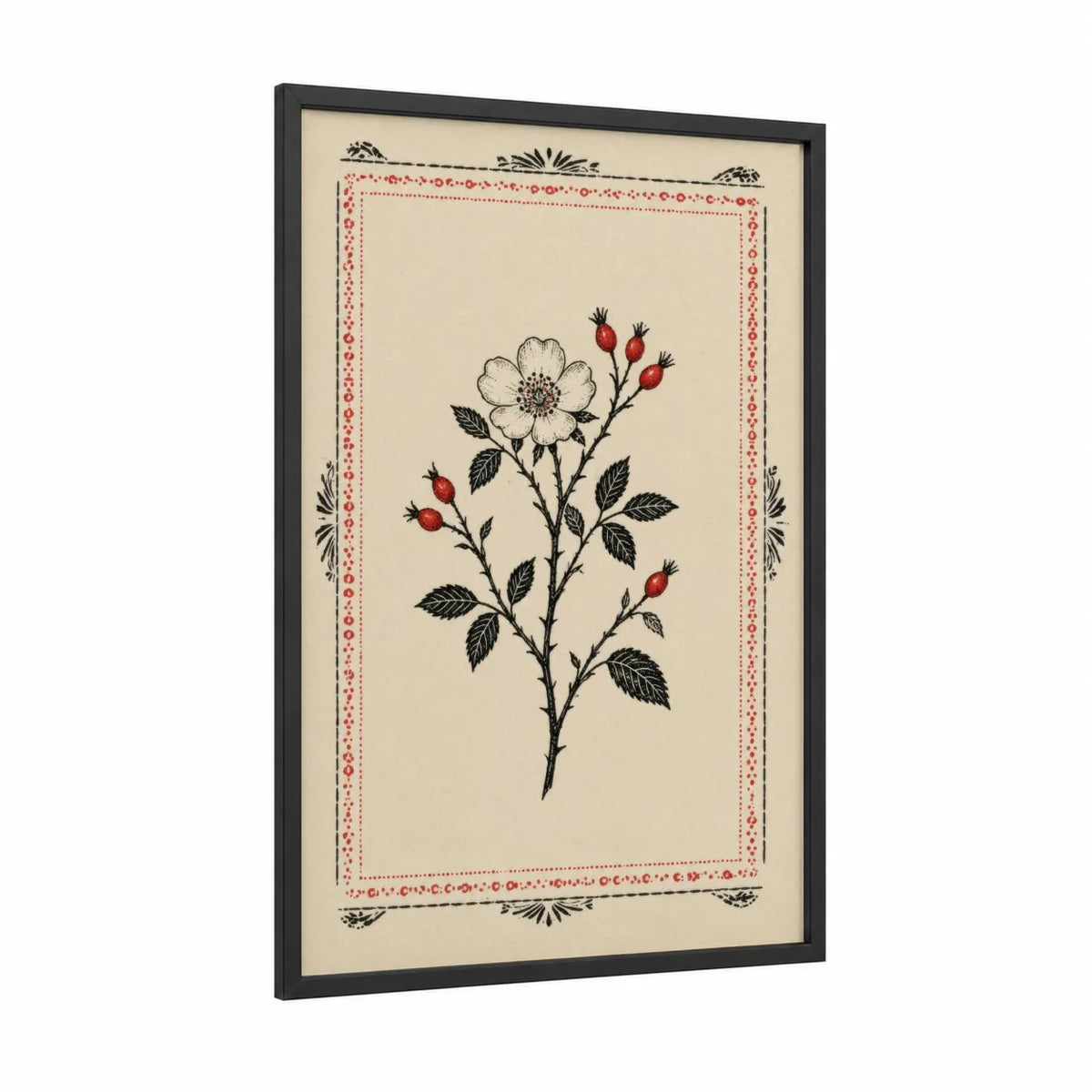 Vintage Rose Botanical Illustration Wall Art framed roses print — black wood frame — beige and red palette