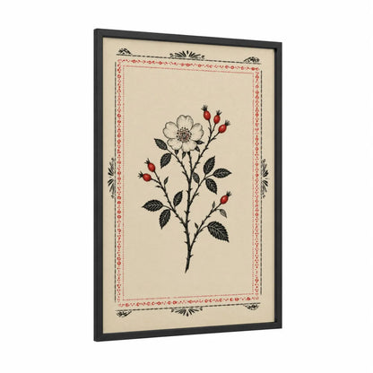 Vintage Rose Botanical Illustration Wall Art framed roses print — black wood frame — beige and red palette