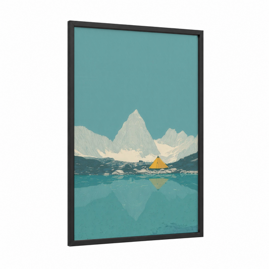 Alpine Tent Camp framed camping print — black wood frame — turquoise and white palette