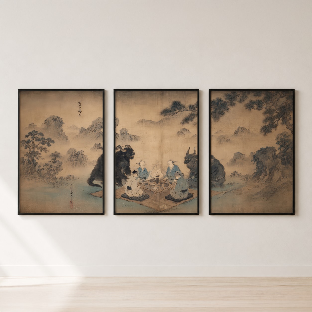 Asian Mountain Landscape Triptych Wall Art Set — set hero