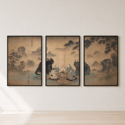 Asian Mountain Landscape Triptych Wall Art Set — set hero
