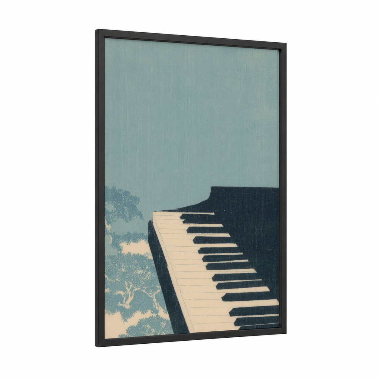 Vintage Keyboard framed art print — black wood frame — blue and cream palette