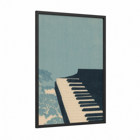 Vintage Keyboard framed art print — black wood frame — blue and cream palette