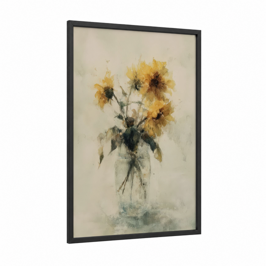 Wilting Sunflowers framed art print — black wood frame — gold and cream palette