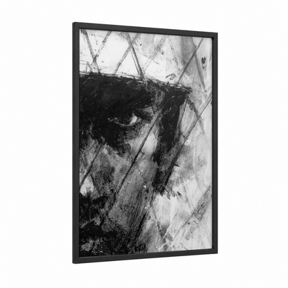 Dynamic Hockey Action framed ice hockey print — black wood frame — black and white palette