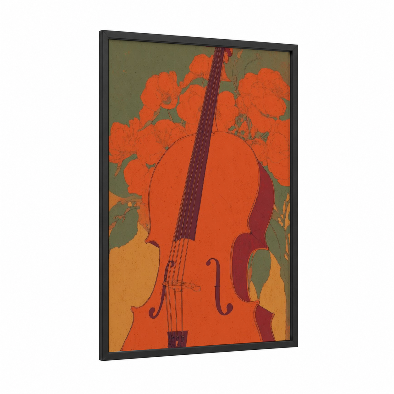 Floral Cello framed art print — black wood frame — orange and sage green palette