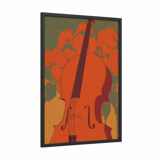 Floral Cello framed art print — black wood frame — orange and sage green palette
