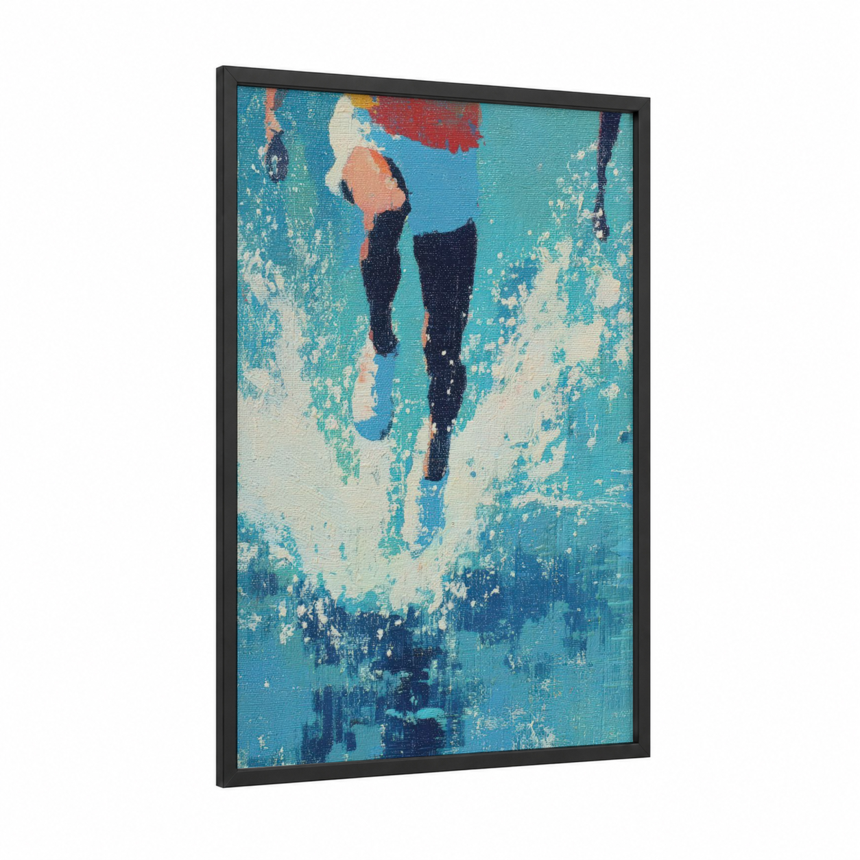 Sprint Runner framed track and field print — black wood frame — turquoise and dark blue palette
