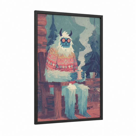 Cozy Yeti framed art print — black wood frame — teal and red palette